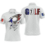 Polo golf France blanc bleu rouge avec lettrage GOLF tricolore et balle de golf drapeau français, design patriotique