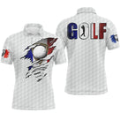 Polo golf France blanc bleu rouge avec lettrage GOLF tricolore et balle de golf drapeau français, design patriotique