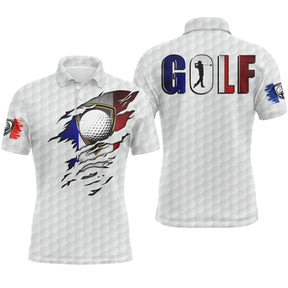 Polo golf France blanc bleu rouge avec lettrage GOLF tricolore et balle de golf drapeau français, design patriotique