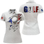 Polo golf homme femme manches courtes design tricolore, balle de golf et silhouette golfeur en swing