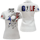 Polo golf homme femme manches courtes design tricolore, balle de golf et silhouette golfeur en swing