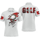 Polo golf blanc texture golf-ball inscription GOLF rouge déchirée balle réaliste drapeau suisse manche