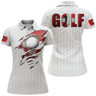 Polo golf blanc vue dos design GOLF rouge déchiré balle de golf drapeau suisse helvétique