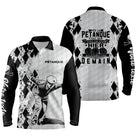 Polo pétanque manches longues unisexe noir blanc, marquage texte personnalisable pour bouliste