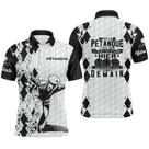 Polo pétanque noir blanc avec silhouette bouliste en tir et lettrage Hier Aujourd'hui Demain motif argyle