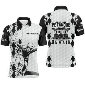 Polo pétanque noir blanc avec silhouette bouliste en tir et lettrage Hier Aujourd'hui Demain motif argyle