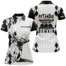 Polo pétanque homme femme manches courtes noir blanc, design bouliste argyle pour texte personnalisé