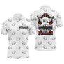 Polo pétanque obsession blanc avec motif boules répétées et lettrage Pétanque c'est une obsession, silhouette bouliste
