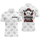 Polo pétanque obsession blanc avec motif boules répétées et lettrage Pétanque c'est une obsession, silhouette bouliste