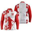 Polo pétanque manches longues rouge blanc, silhouette bouliste et logo association personnalisé
