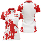 Polo pétanque rouge blanc bouliste vue alternative, motif grillage et silhouette joueur personnalisé