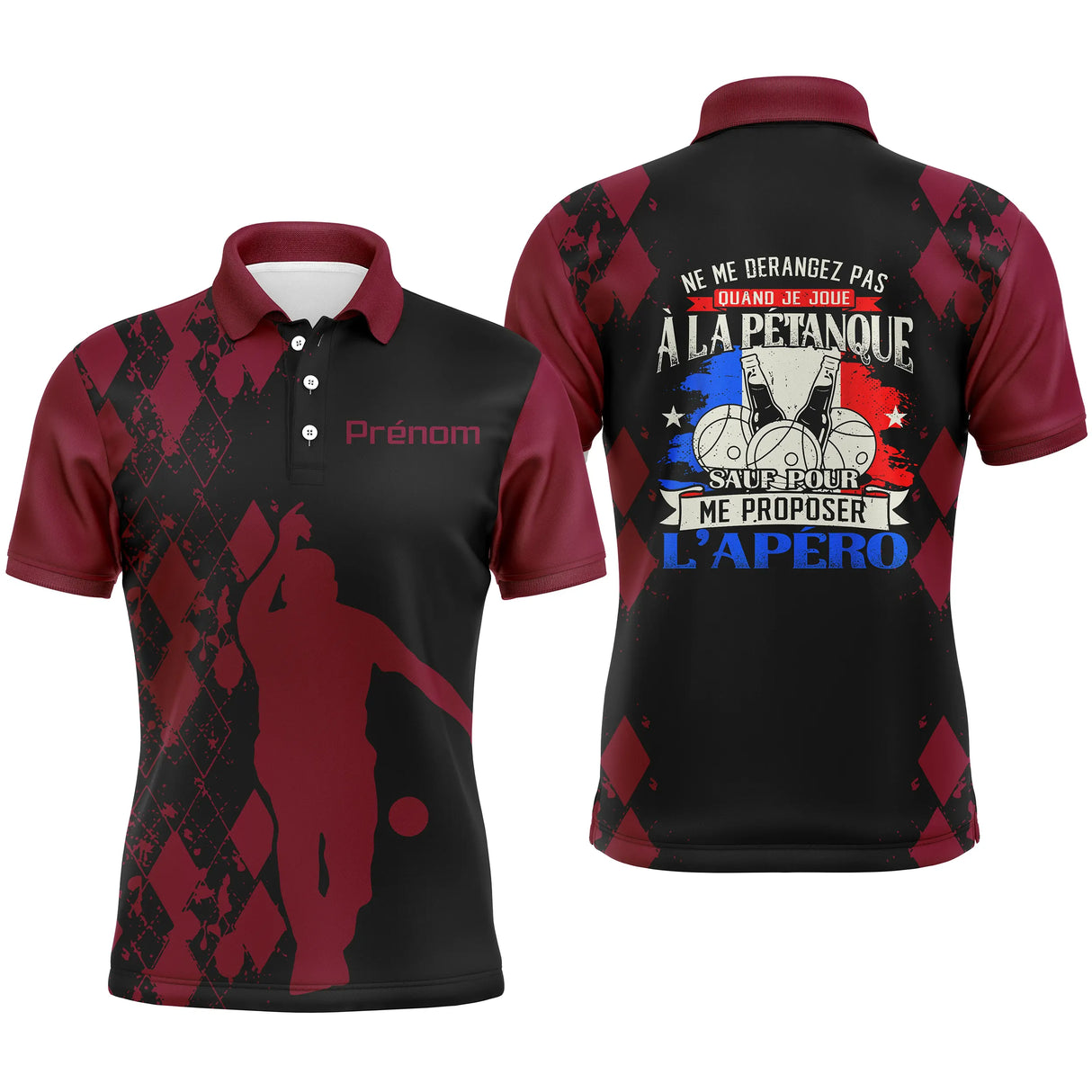 Polo pétanque bordeaux humour avec silhouette bouliste et lettrage Ne me dérangez pas sauf pour l'apéro, prénom imprimé