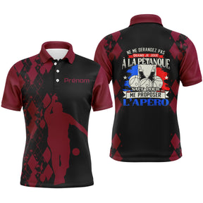 Polo pétanque bordeaux humour avec silhouette bouliste et lettrage Ne me dérangez pas sauf pour l'apéro, prénom imprimé