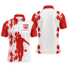 Polo pétanque rouge blanc avec silhouette bouliste en lancer, motif losanges et logo association