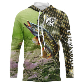 Maillot UV pêche brochet camouflage forêt lac prénom personnalisé manches longues, vue de face