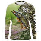 T-shirt UV pêche brochet camouflage forêt prénom personnalisé manches courtes