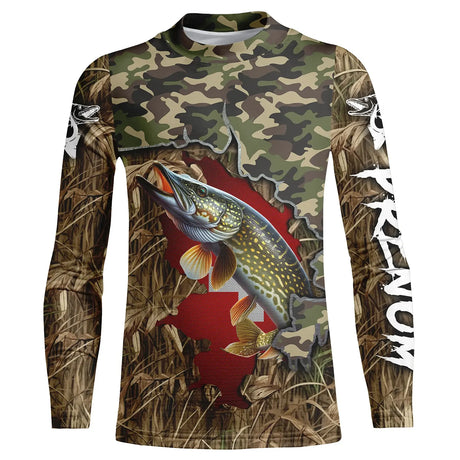 Maillot Pêche Du Brochet, Camouflage Et Drapeau Suisse, Cadeau Unique Pêcheur - CT19072209 Anti UV T-shirt Manches Longues Enfant