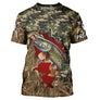 T-shirt all-over col rond pêche brochet camouflage forêt et drapeau suisse rouge