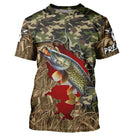 T-shirt all-over col rond pêche brochet camouflage forêt et drapeau suisse rouge