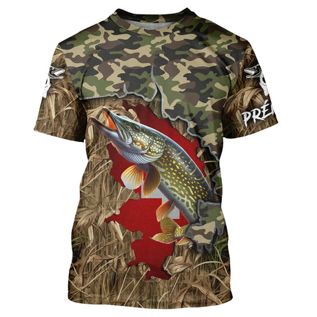 Maillot Pêche Du Brochet, Camouflage Et Drapeau Suisse, Cadeau Unique Pêcheur - CT19072209 T-shirt All Over Col Rond Unisexe