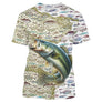 T-shirt all-over unisexe avec filet de pêche, poissons argentés et bar central pour pêcheur du bar