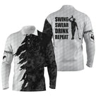 Polo manches longues golf unisexe blanc grunge noire slogan Swing Swear Drink Repeat tissu respirant