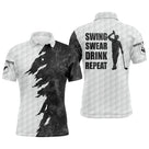 Polo golf homme blanc texture balle de golf explosion grunge noire slogan Swing Swear Drink Repeat silhouette golfeur