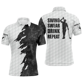 Polo golf homme blanc texture balle de golf explosion grunge noire slogan Swing Swear Drink Repeat silhouette golfeur