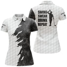 Polo golf femme blanc grunge noire slogan Swing Swear Drink Repeat silhouette golfeur coupe cintrée tissu respirant
