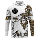 Sweat UV à capuche pêche brochet style tatouage encré bicolore blanc camouflage roseau prénom personnalisé, vue de face