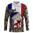 Sweat UV à capuche pêche bar à la croche drapeau France bleu blanc rouge camouflage roseau prénom personnalisé, vue de face