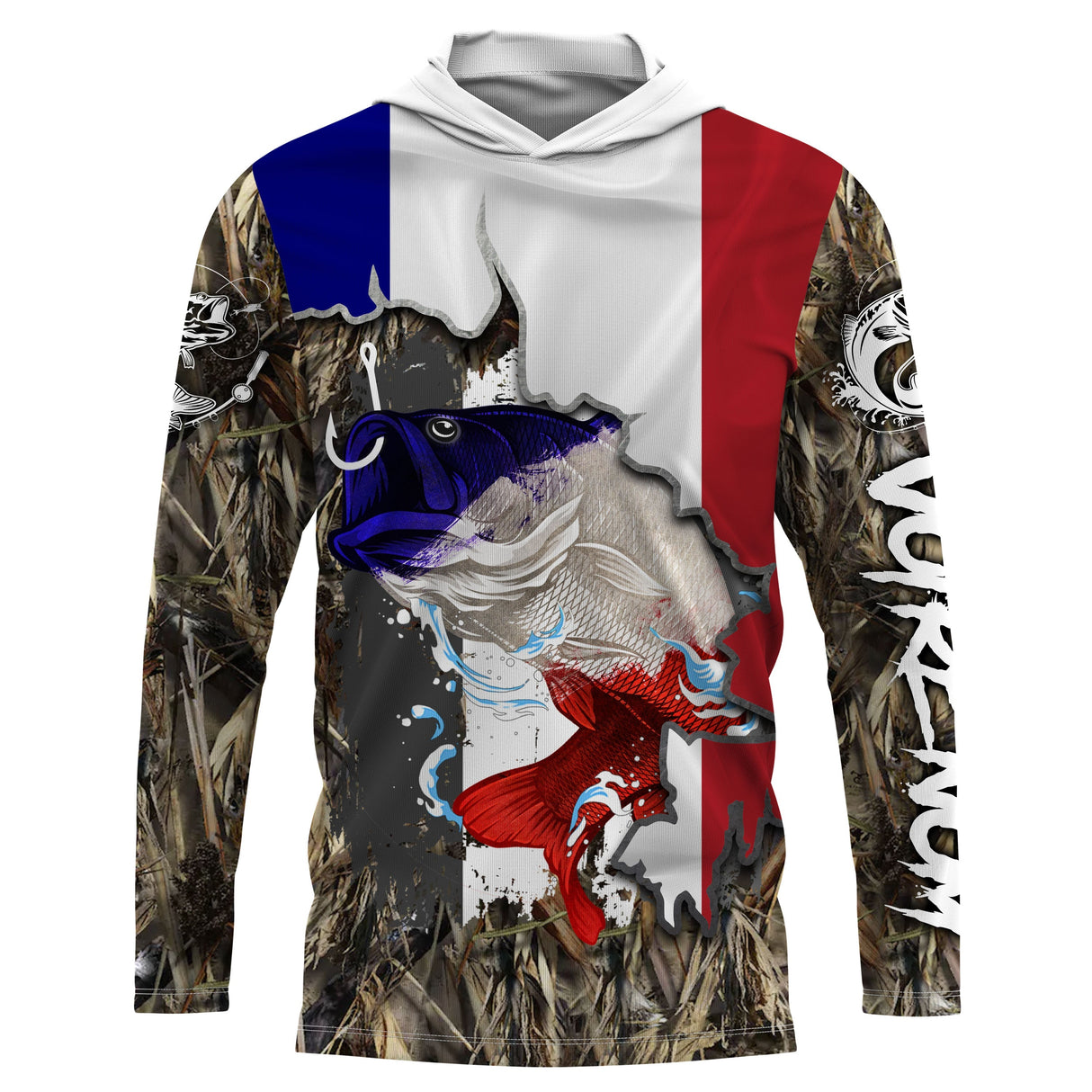 Sweat UV à capuche pêche bar à la croche drapeau France bleu blanc rouge camouflage roseau prénom personnalisé, vue de face