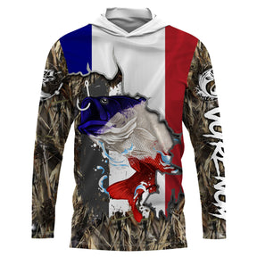 Sweat UV à capuche pêche bar à la croche drapeau France bleu blanc rouge camouflage roseau prénom personnalisé, vue de face