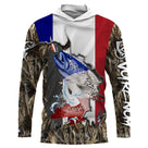 Sweat UV à capuche pêche truite patriote drapeau France bleu blanc rouge camouflage roseau prénom personnalisé, vue de face