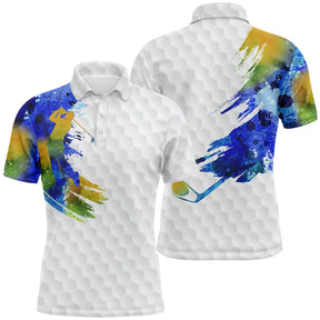 Polo golf blanc homme avec aquarelle bleu jaune vert, effet balle de golf et silhouette golfeur en swing