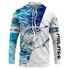 T-shirt anti UV à capuche pêche thon humour Tahiti avec slogan J peux pas j ai pêche, fond bleu marine motif vagues, prénom