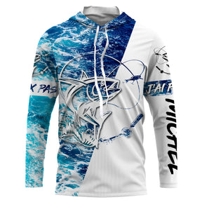 T-shirt anti UV à capuche pêche thon humour Tahiti avec slogan J peux pas j ai pêche, fond bleu marine motif vagues, prénom