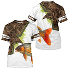 T-shirt all-over pêche carpe camouflage marais vert et brun motif carpe rouge orange bondissante personnalisé prénom