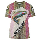 T-shirt all-over peau truite iridescente rose vert prénom personnalisé J'AI PAS J'AI PÊCHE, vue de face