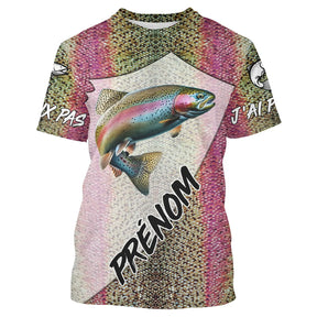 T-shirt all-over peau truite iridescente rose vert prénom personnalisé J'AI PAS J'AI PÊCHE, vue de face