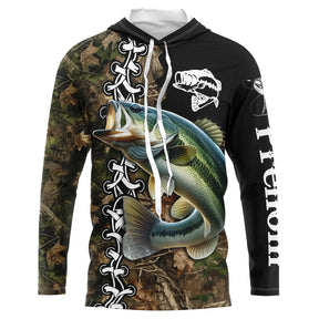 Sweat UV à capuche pêche bar noir camouflage écailles tatouage encré prénom personnalisé, vue de face