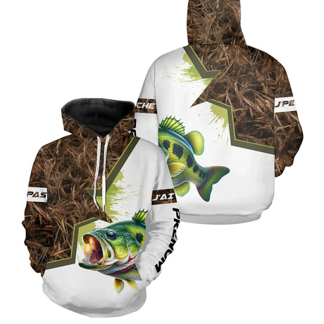Hoodie pêche bar all-over camouflage marais motif bar argenté bondissant pêcheur surfcaster prénom personnalisé
