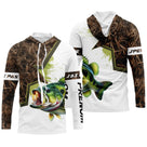 Sweat capuche pêche bar all-over camouflage marais vert brun motif bar argenté pêcheur personnalisé prénom