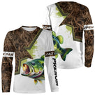 T-shirt manches longues pêche bar all-over camouflage roseaux motif loup de mer prénom personnalisé surfcaster