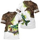 T-shirt all-over pêche bar camouflage marais vert et brun motif bar argenté bondissant personnalisé prénom pêcheur
