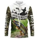 Sweat UV à capuche pêche brochet ver de terre team camouflage écailles vert prénom texte personnalisés, vue de face