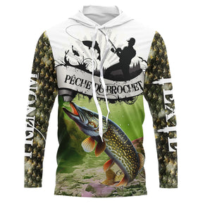 Sweat UV à capuche pêche brochet ver de terre team camouflage écailles vert prénom texte personnalisés, vue de face