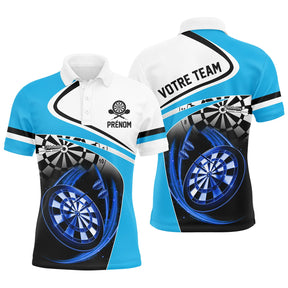 Polo fléchettes blanc et turquoise homme avec cibles Performance, prénom et équipe personnalisés