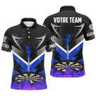 Polo fléchettes noir bleu violet homme avec couronne et cibles Élan, prénom et équipe personnalisés