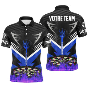 Polo fléchettes noir bleu violet homme avec couronne et cibles Élan, prénom et équipe personnalisés